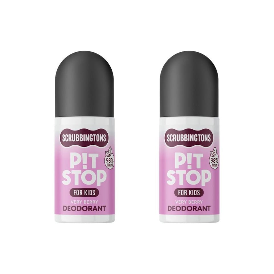 image 1 of Scrubbingtons Pit Stop Kids Deodorant Natural Roll On For Children, Teens Natural Ingredients For Sensitive Skin Paediatrician approved, Aluminium & Alcohol Free, Very Berry 75ml x 2 | White | White | 2