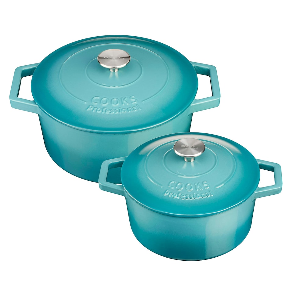 image 1 of Cooks Professional Cast Iron Casserole Set of 2 | 20cm and 26cm | Enamelled Inside and Out | Graduated Teal