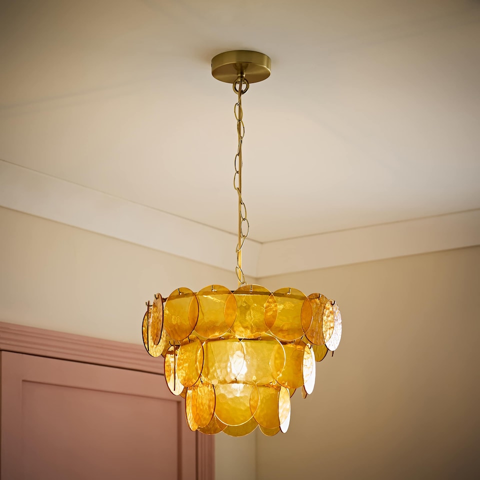 image 1 of ValueLights Juliette Orange 3 Tier Glass Disc Chandelier | Orange