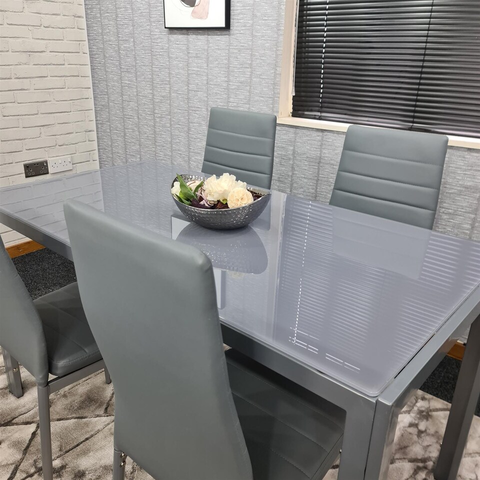 image 1 of Dining Table and 4 Chairs Set Modern Grey Glass Table With 4 Grey Chairs Dining Room Furniture | Grey | One Size | 5