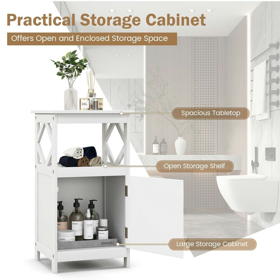 image 1 of COSTWAY Bathroom Floor Cabinet Single Door Organizer White White