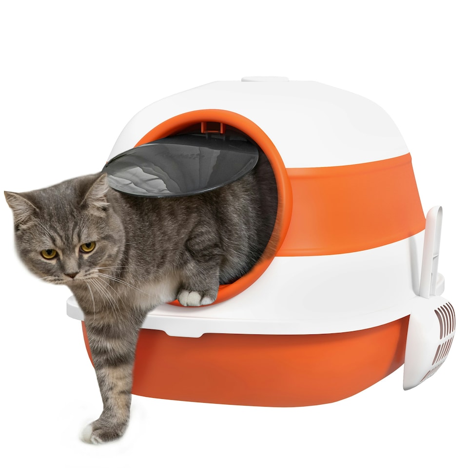 image 1 of PawHut Foldable Cat Litter Tray Hooded Cat Litter Box w/ High Side, Orange