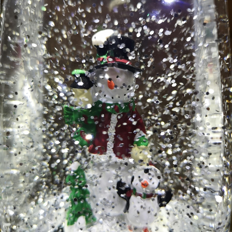 image 1 of 24cm Christmas Water Spinner Antique Silver Effect Hurricane Lantern Style with Snowman & Penguin Scene