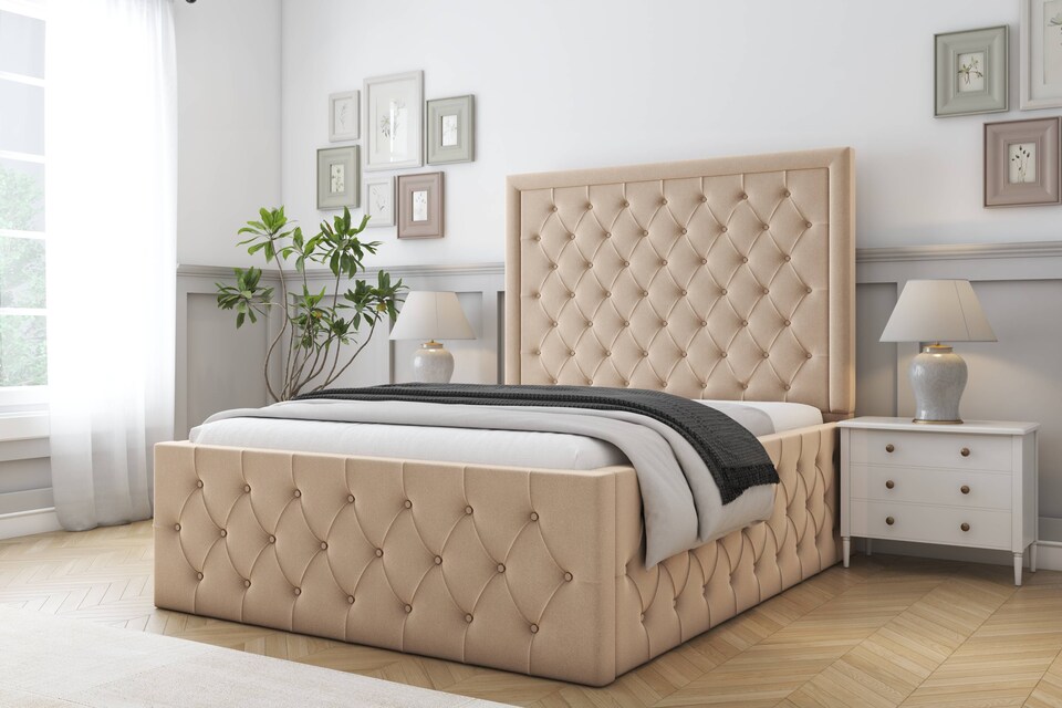image 1 of Sloomy Vienna Pebble Plush Bed Frame With Mattress With 50" Upholstered Headboard 4' Small Double