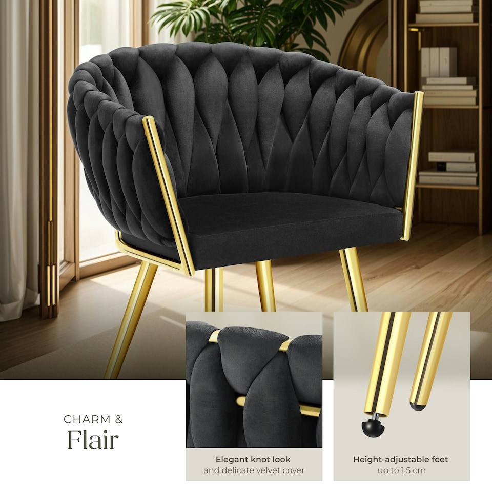 image 1 of Dining Chair Astano - padded, velvet, knot design, continuous backrest - Set of 2 Black | Black/Gold