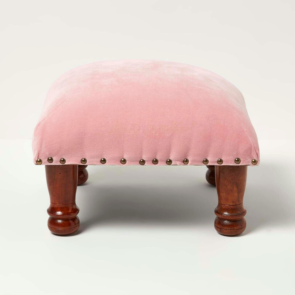 image 1 of Homescapes Mable Pink Velvet Square Footstool