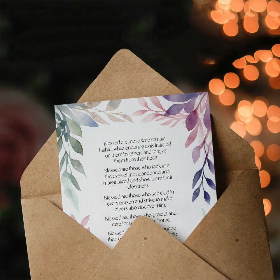 image 1 of Modern Blessed Beatitudes Pope Francis Quote Violet Christian Birthday Card