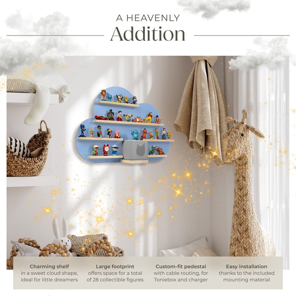image 1 of Wall Shelf Cloud - child-friendly cloud design, fits 28 figurines, magnetic strips, with integrated cable management