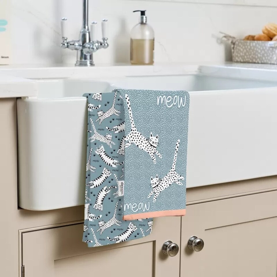 image 1 of Dexam Set of 2 Meow Recycled Kitchen Tea Towels Blue