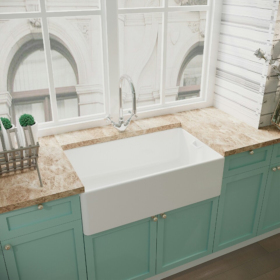 image 1 of Fireclay Belfast Kitchen Sink with Overflow, Mono Sink Mixer Tap & Waste, 795mm