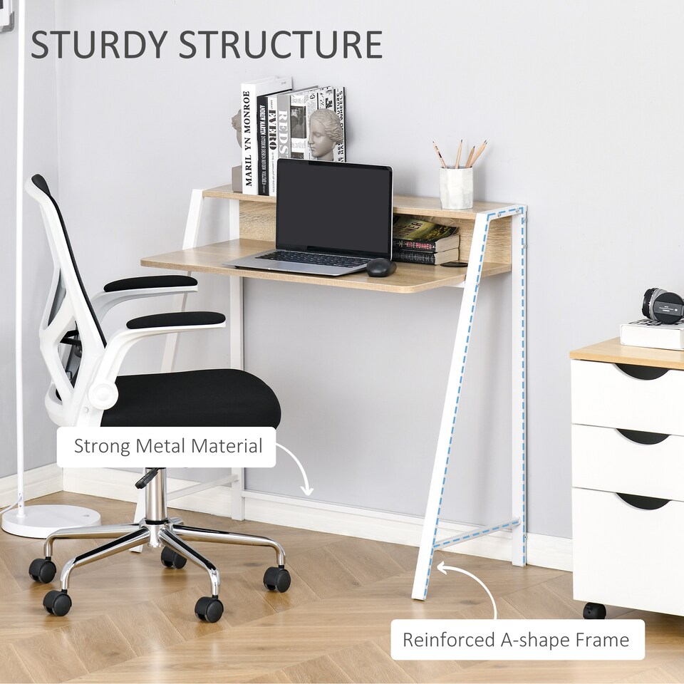 image 1 of HOMCOM 2-Tier Storage Computer Workstation with Shelf, Metal Frame White