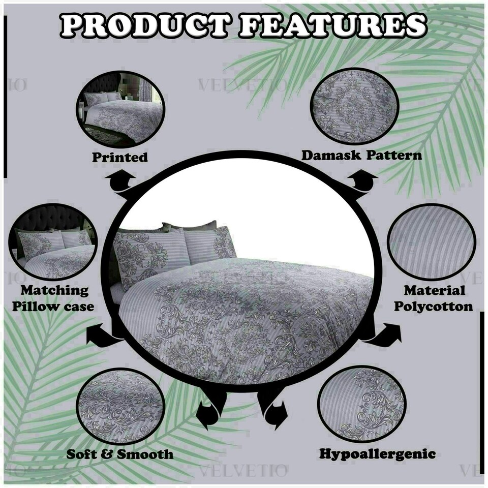 image 1 of VELVETIO Empire Damask Printed Duvet Cover Set Reversible Polycotton Beddings Grey | Double