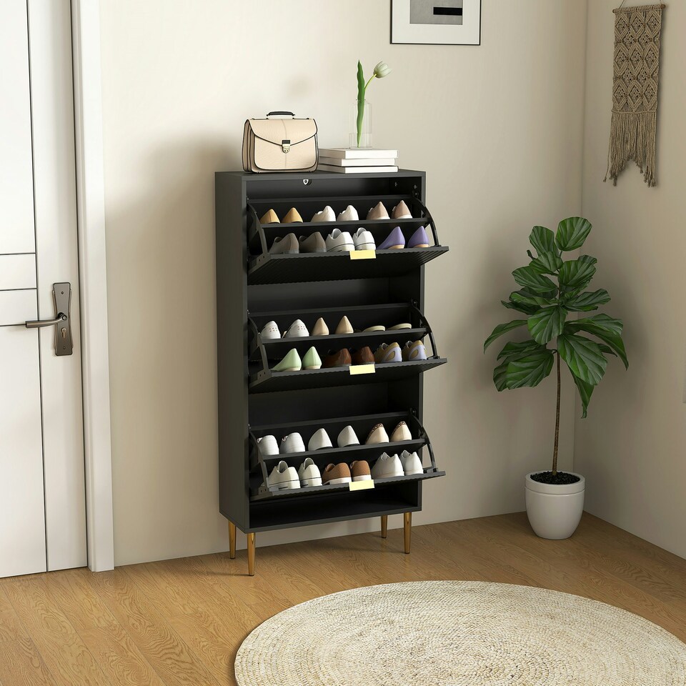 image 1 of HOMCOM Slim Shoe Storage Cabinet with 3 Flip Drawers for Hallway Black | Gold | 60W x 24D x 128H cm