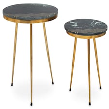 Interiors by Premier Green Marble Side Table (Set of 2), Rich Green Marble Tabletops with Gold Iron Criss‑Cross Legs Green