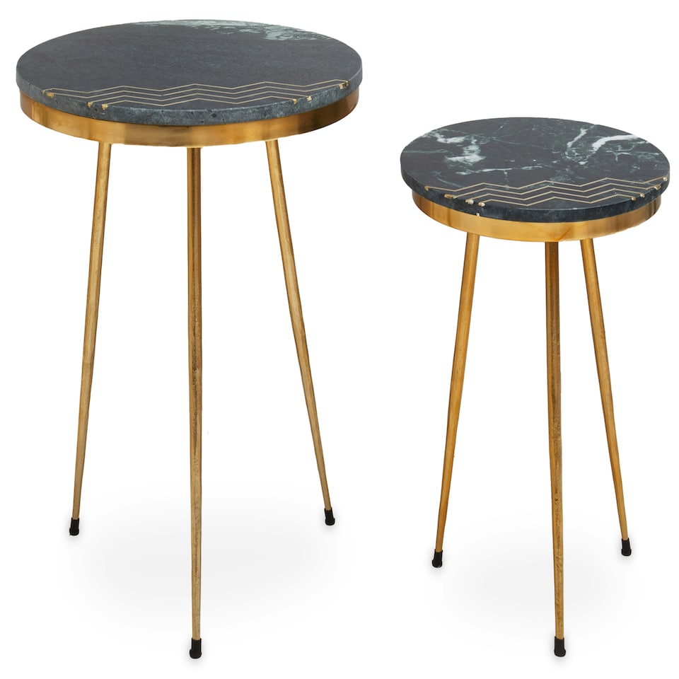image 1 of Interiors by Premier Green Marble Side Table (Set of 2), Rich Green Marble Tabletops with Gold Iron Criss‑Cross Legs Green
