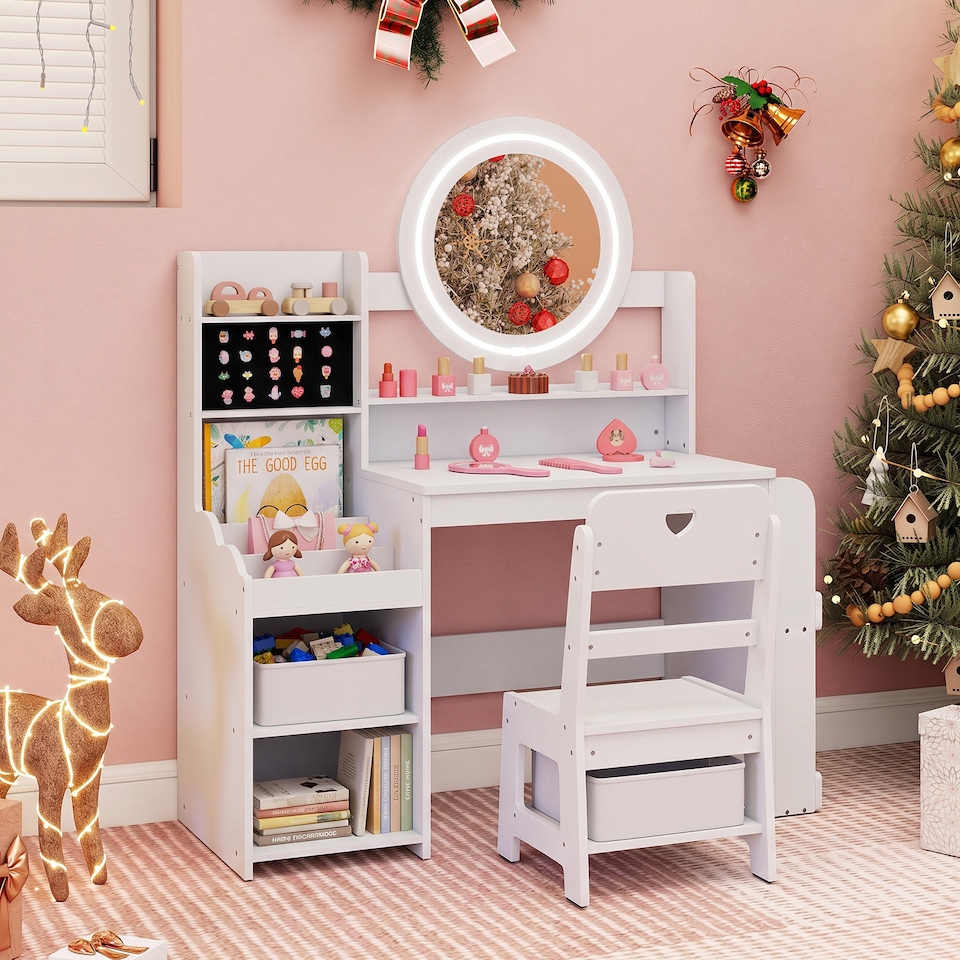 image 1 of Costway Princess Pretend Play Dressing Table and Chair Set with Open Storage Shelves Rings Slots and Fabric Drawer