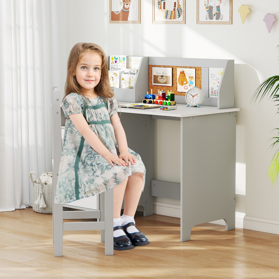 image 1 of COSTWAY Kids Table and Chair Set Children Study Table With  Hutch-Grey