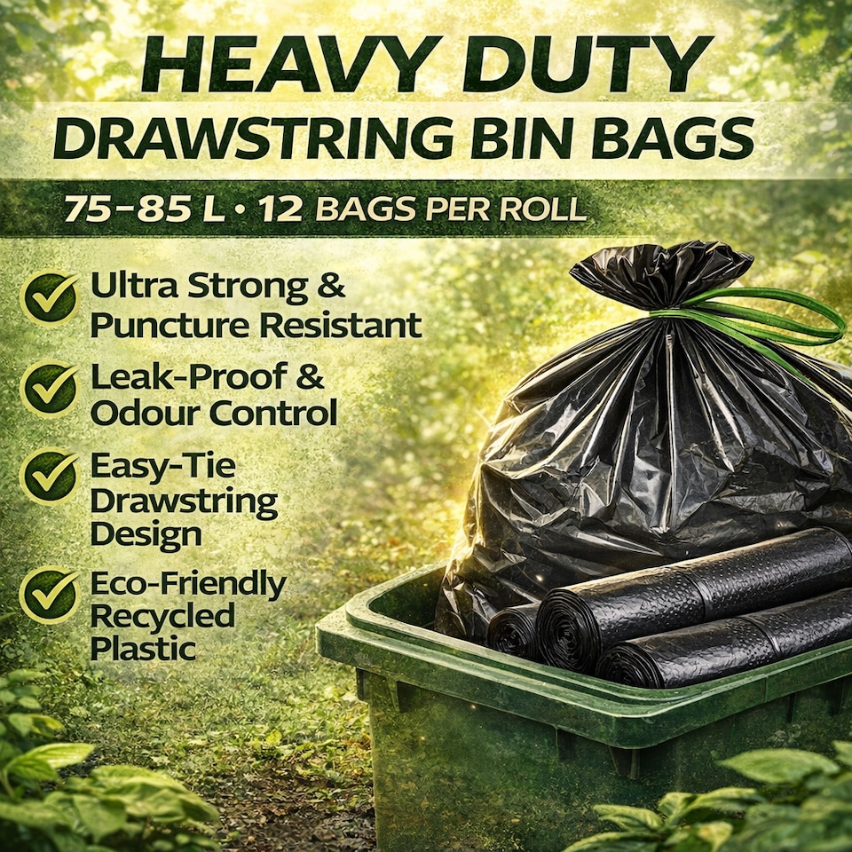 image 1 of Hero Drawstring Black Bin Bags 75–85L – Roll of 12 Heavy Duty Fox Proof Refuse Sacks, Strong Stretchy Tear Resistant Recycled Garbage Bags | Black | Black | 75-85L | 12
