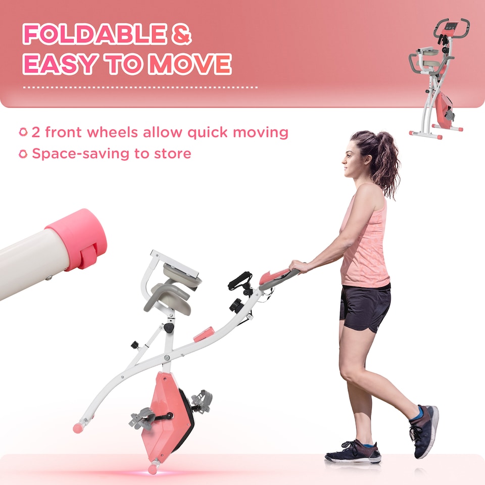 image 1 of HOMCOM 3-in-1 Folding Exercise Bike, Foldable Stationary Bike with 8-Level Adjustable Magnetic Resistance, Arm Resistance Band, Pulse Sensor and LCD Monitor, Pink