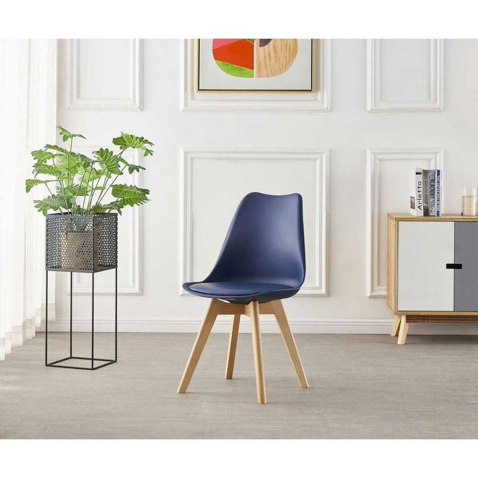 image 1 of Single Scandinavian Dining Chair with Leather Cushions Solid Wood Legs Blue