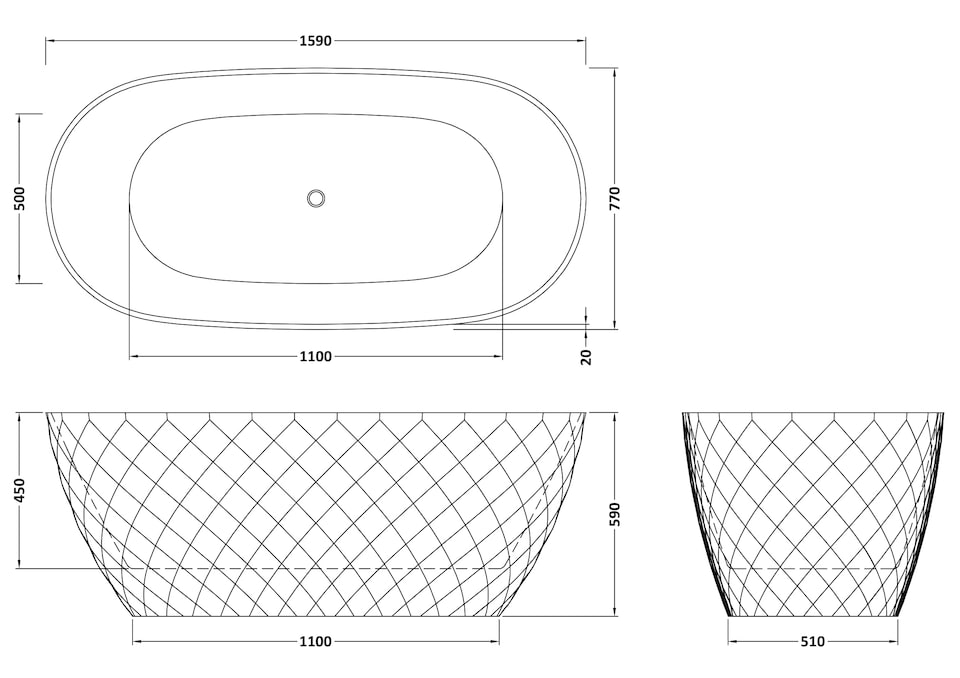image 1 of Balterley Textured Oval Freestanding Bath: Double-Ended Acrylic Bath with Diamond Design