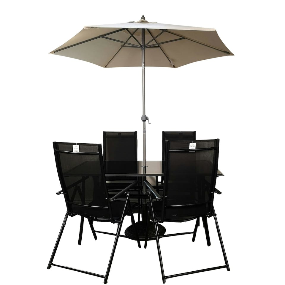 image 1 of Outdoor 4 Person Rectangular Glass Top Garden Patio Dining Table Chairs Cream Parasol and Base Set