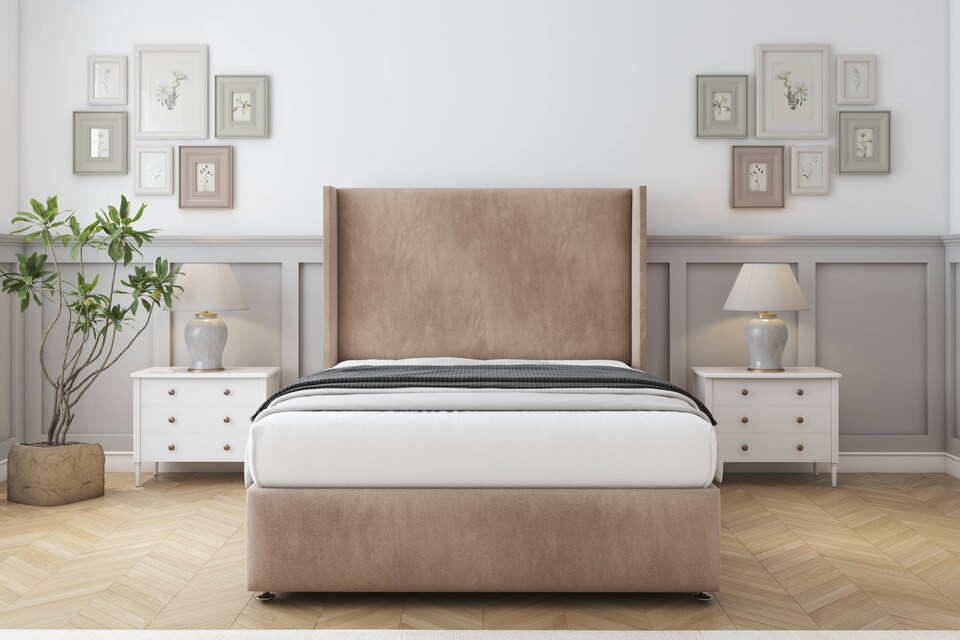 image 1 of Sloomy Stratford Mink Naples Divan Bed Base 2 Drawers Foot-End With 54 Inch Wingback Headboard & 12 Inch Matching Footboard | Brown | Mink | Small Double | 1