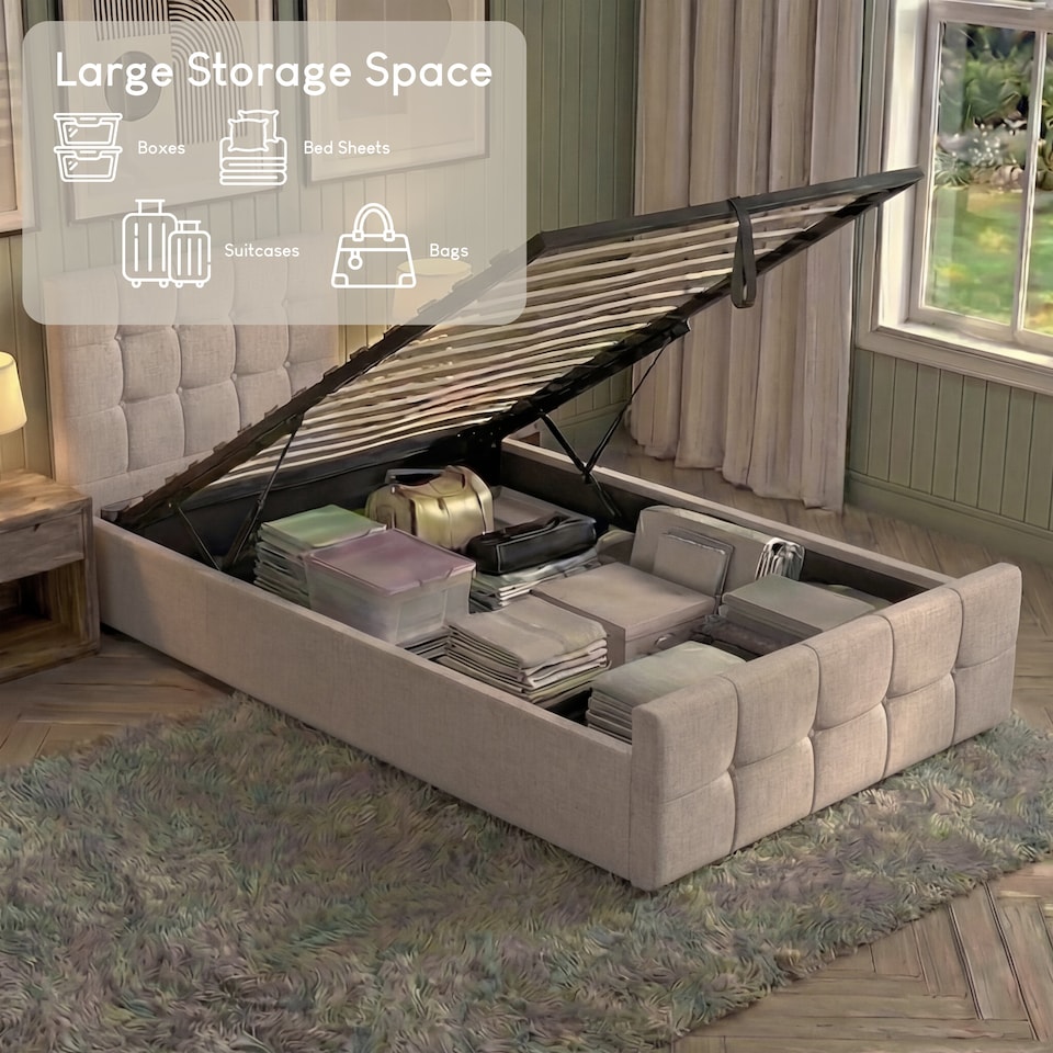 image 1 of Vida Designs Valentina Single Ottoman Lift Up Storage Bed Frame, Beige