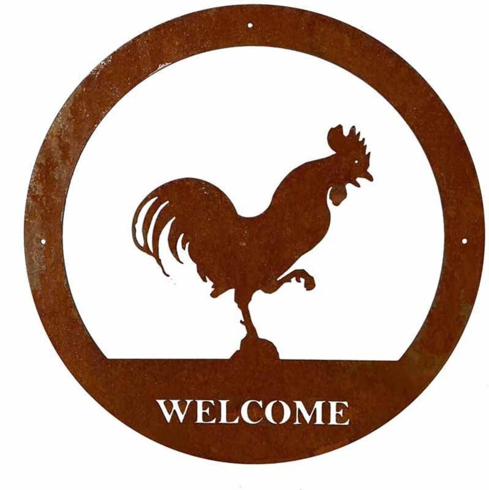 Cockerel Welcome Wall Art - Large - Steel - W49.5 x H49.5 cm - Bare Metal/Ready to Rust | Brown