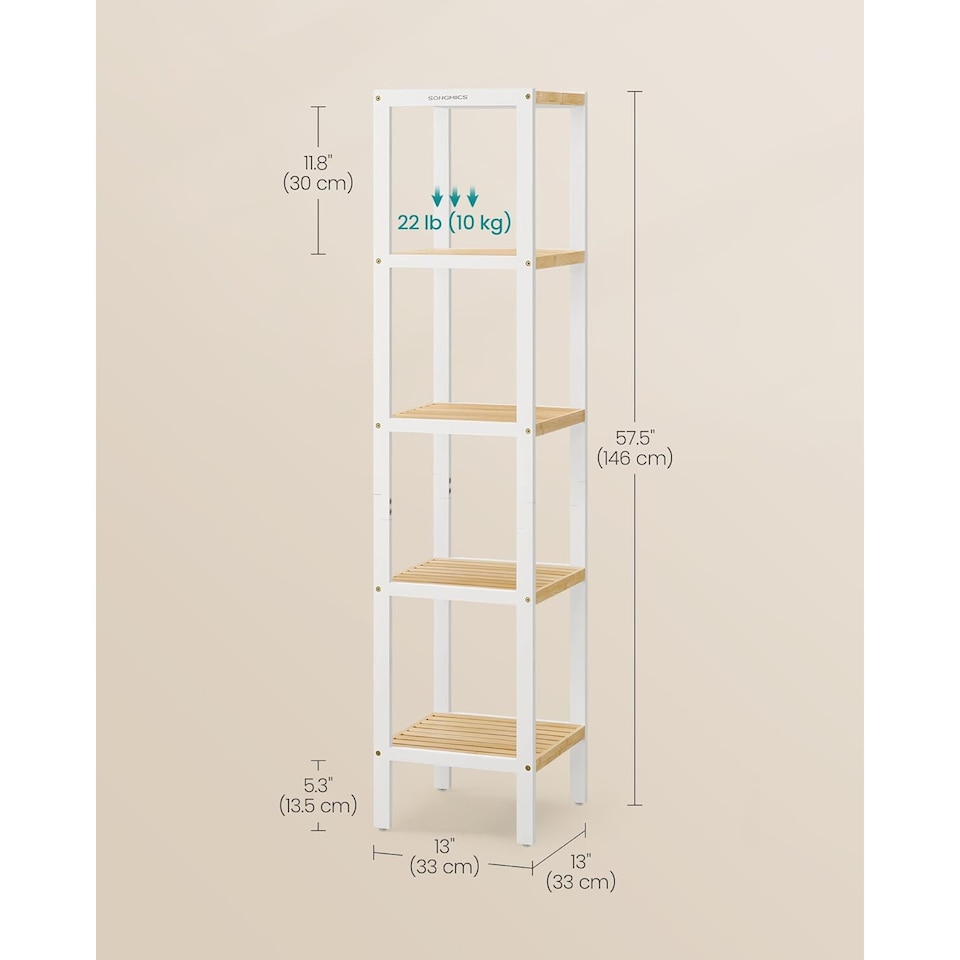 image 1 of Bamboo Freestanding Shelf, Five-Tier Corner Storage Unit for Kitchen, Room, Hallway, Cloud White and Natural Beige