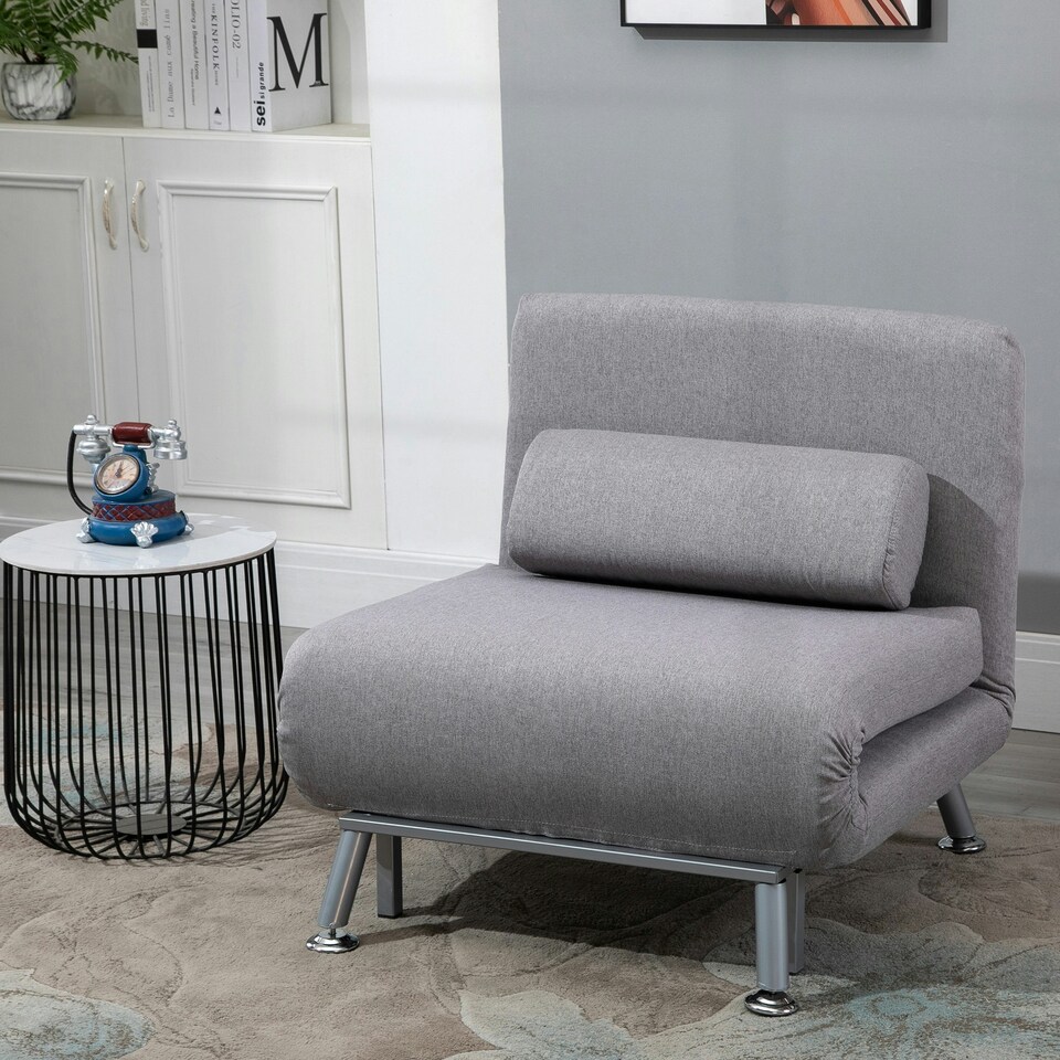 image 1 of HOMCOM Folding 5 Position Convertible Sleeper Chair Sofa Bed Grey Silver