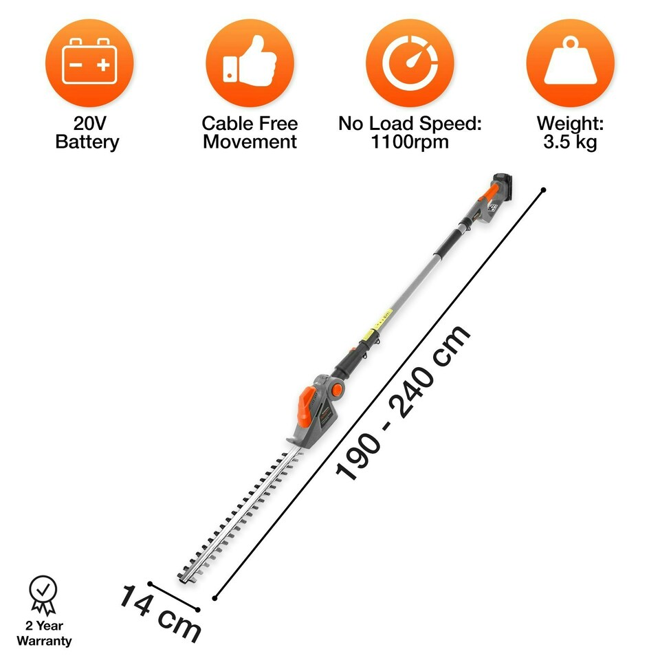 image 1 of Terratek 20V 2.4m Cordless Telescopic Long Reach Hedge Trimmer 2 Batteries | Grey | Grey | 1