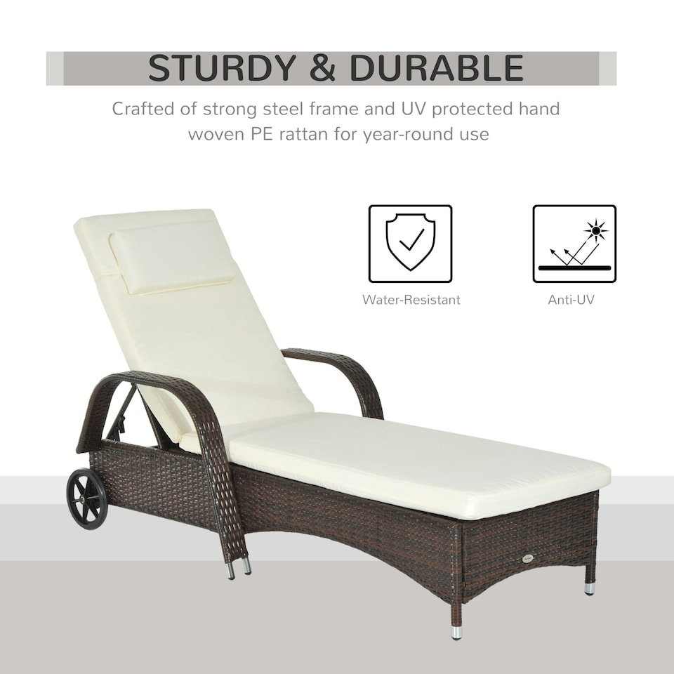 image 1 of Outsunny Adjustable Wicker Rattan Sun Lounger Recliner Chair Brown