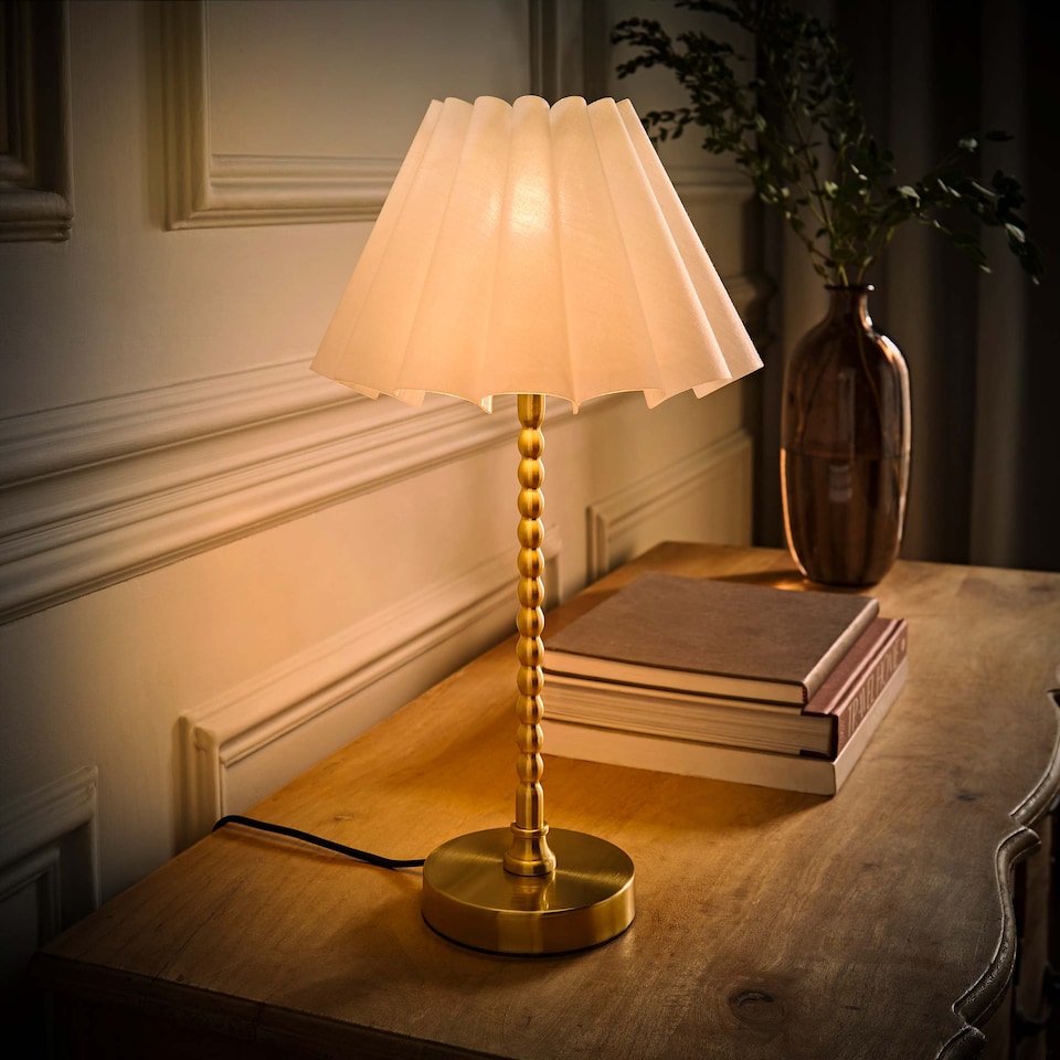 image 1 of ValueLights Maeve White Scallop Pleated Tapered Shade Brushed Gold Bobbin Bobble Table Lamp | Gold