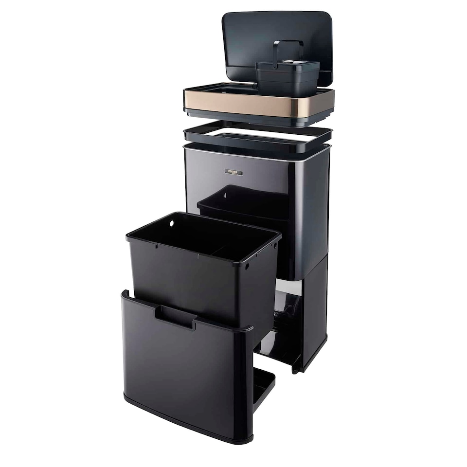 image 1 of Cooks Professonal Recycling Sensor Bin | 75L | 3 Compartments plus Food Caddy | Stainless Steel | Black & Copper