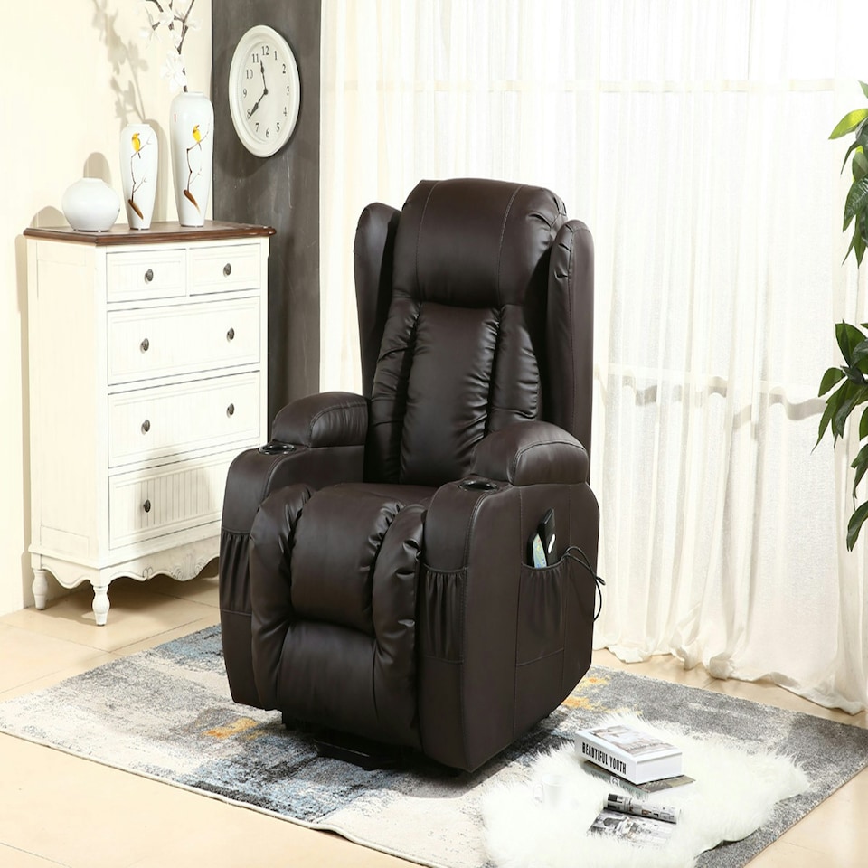image 1 of Caesar Single Motor Rise Recliner Bonded Leather Heat & Massage Chair (Brown)