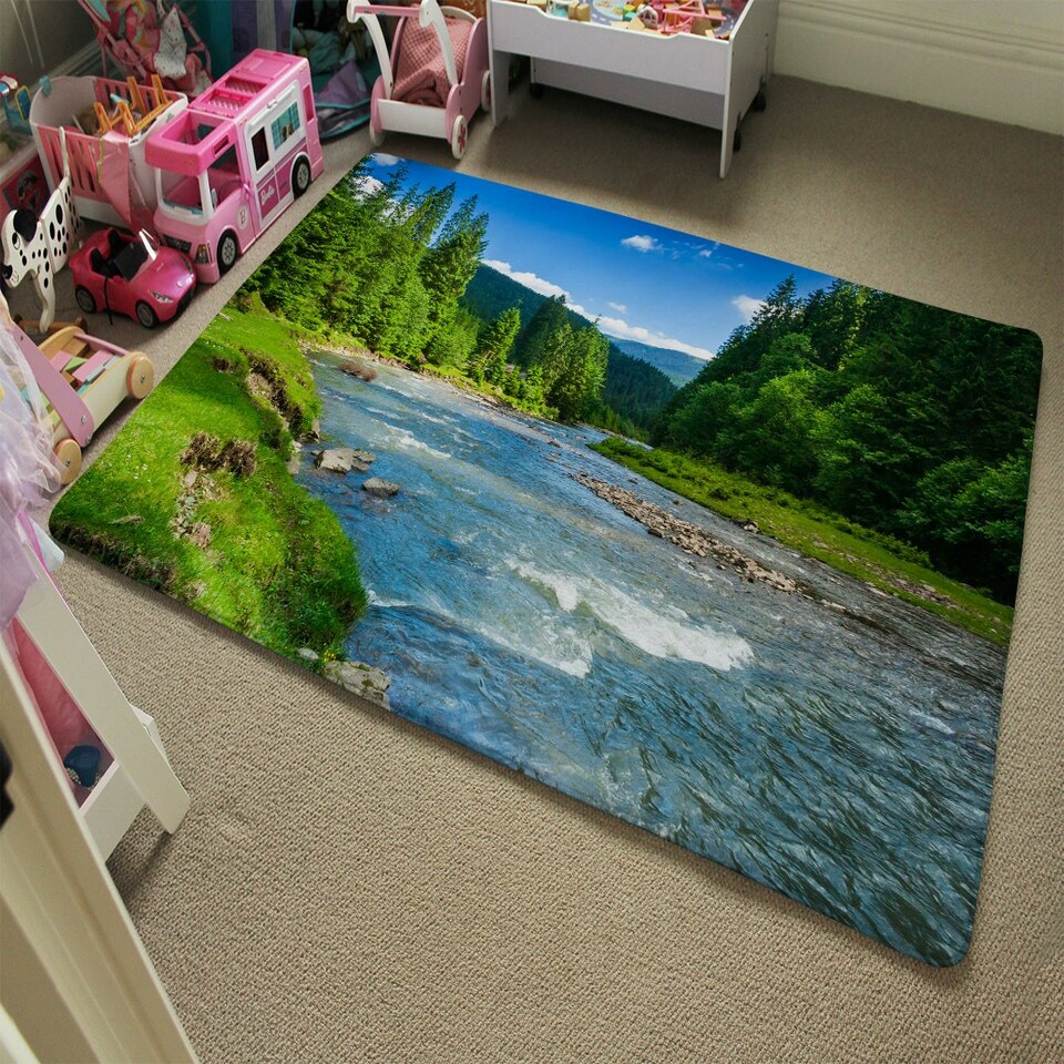 image 1 of landscape with mountains, forest and a river in front. beautiful scenery (Rug) Blue | XL
