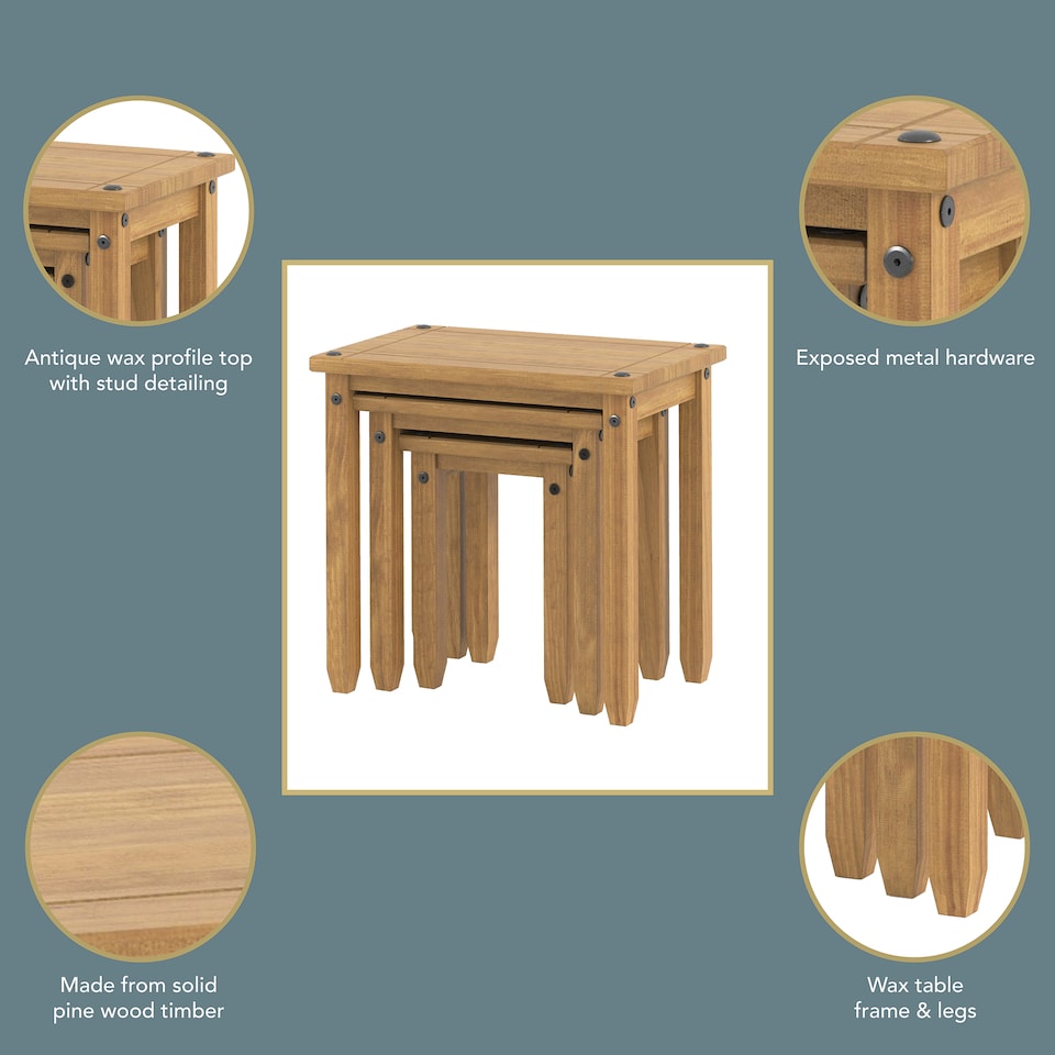 image 1 of Corona Set of 3 Solid Pine Nesting Tables - Sturdy Rustic Side Tables with Chunky Tops | Brown | Antique Wax | Small, Medium & Large | 3