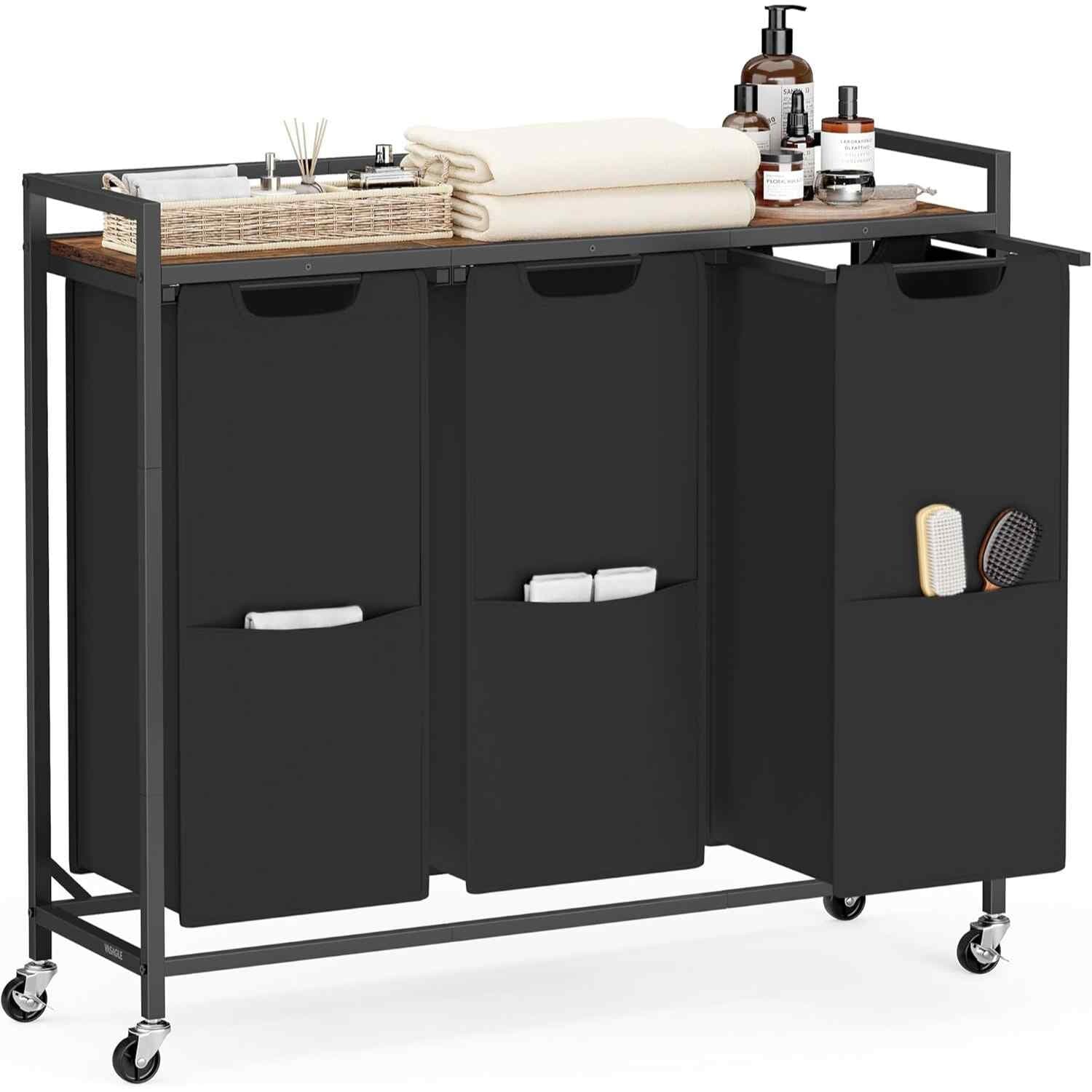 Laundry Sorter Cart with 3 Removable Bags, Storage Shelf, Wheels and Side Pockets, Ink Black and Rustic Brown