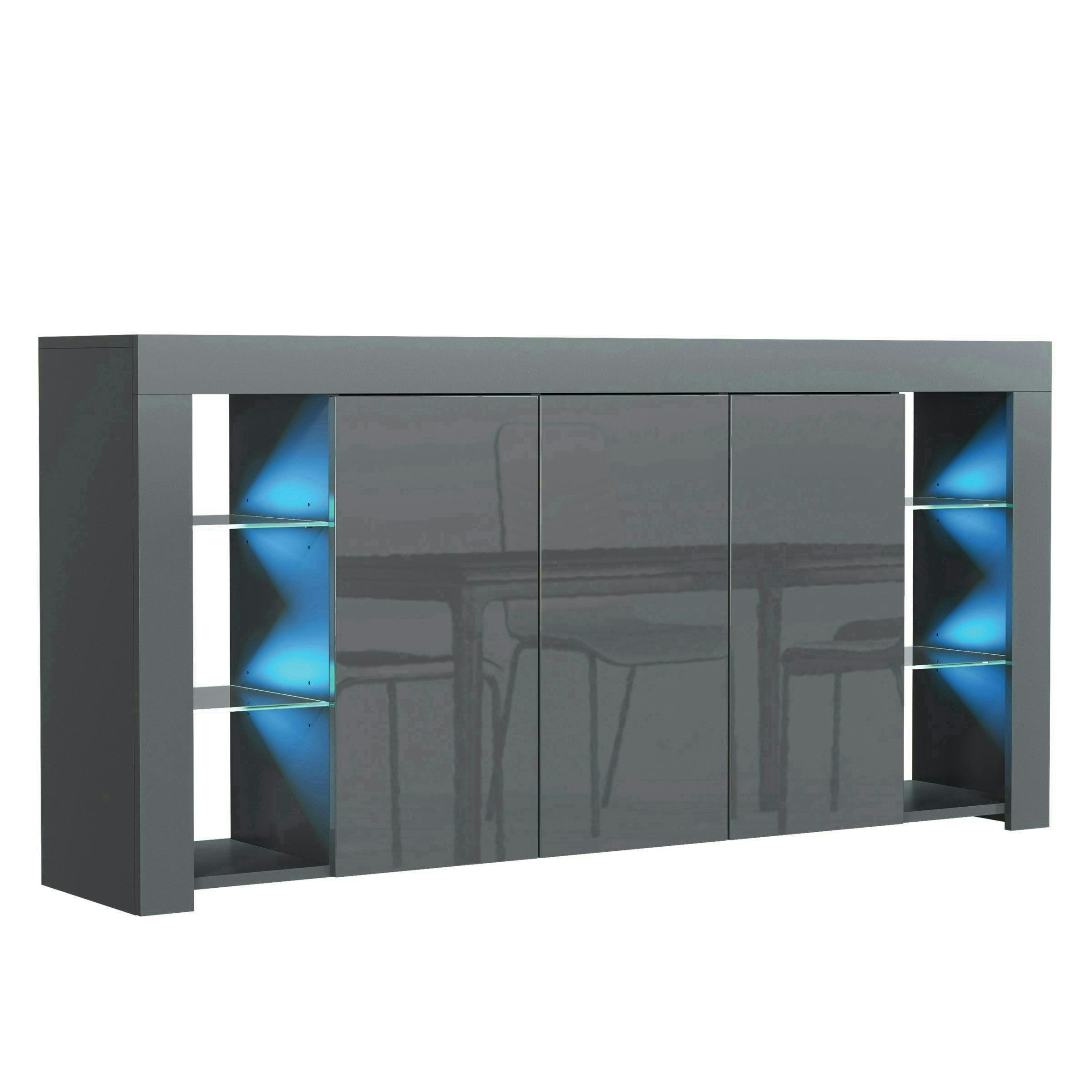 Grey Sideboard 164cm Gloss Doors Free LED Modern Storage Cabinet | Grey