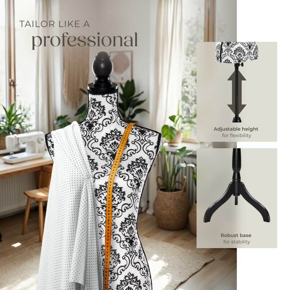 image 1 of Tailors Dummy - female mannequin torso with wooden stand | Black | black/white floral pattern | Female | 1