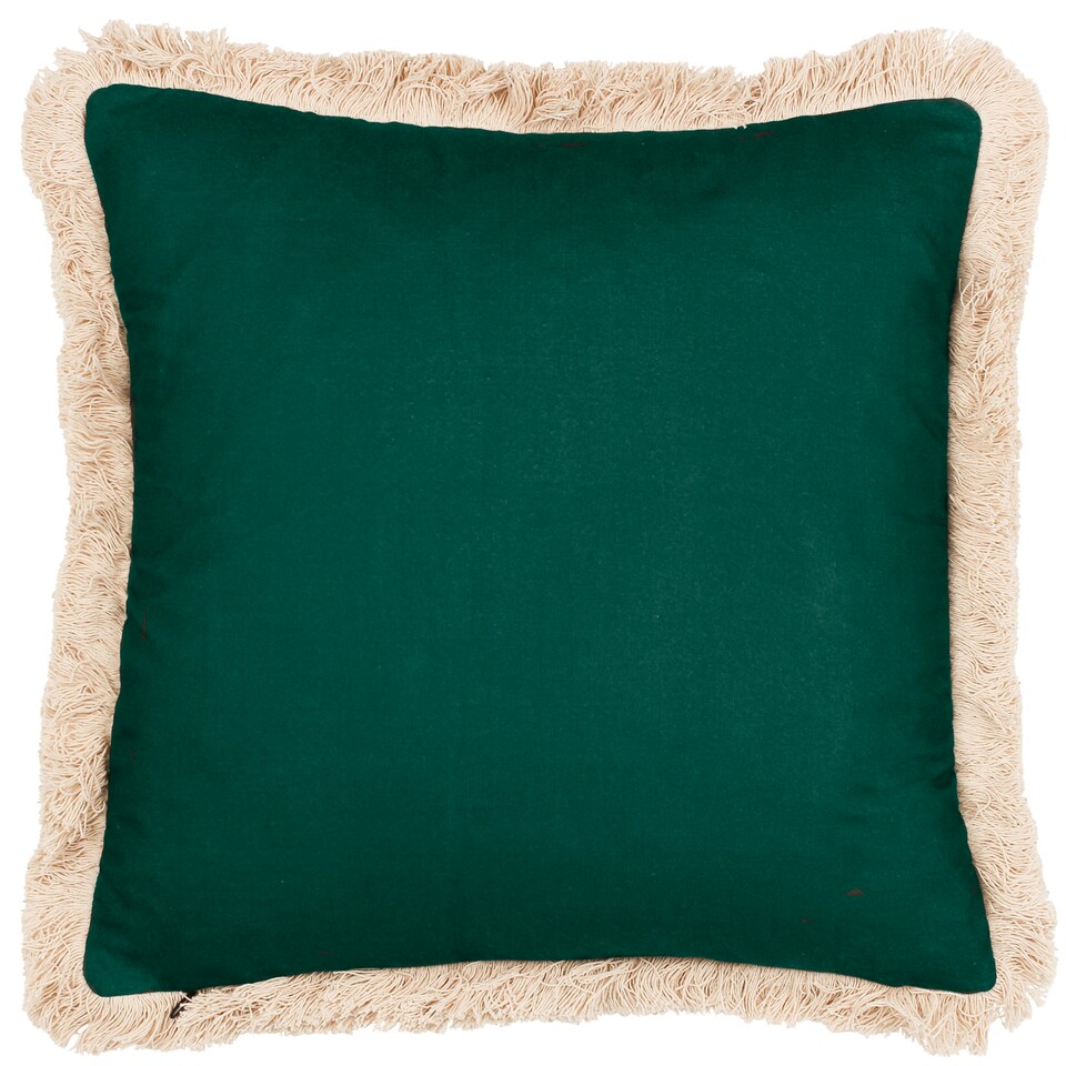 image 1 of Paoletti Oromo Printed Geometric Fringed Cushion, Green, 45 x 45cm