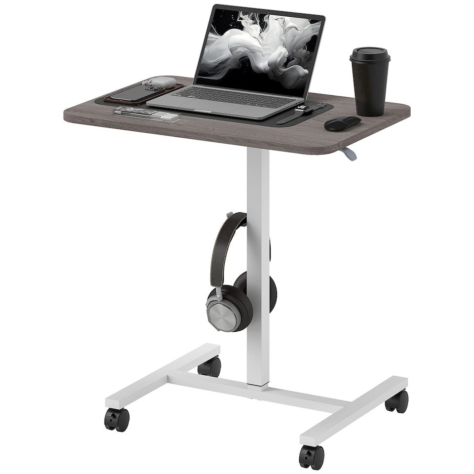image 1 of HOMCOM Height Adjustable Standing Desk, Pneumatic Sit Stand Desk for Laptop, Mobile Overbed Table with Wheels and Headphone Hook for Home Office, Grey