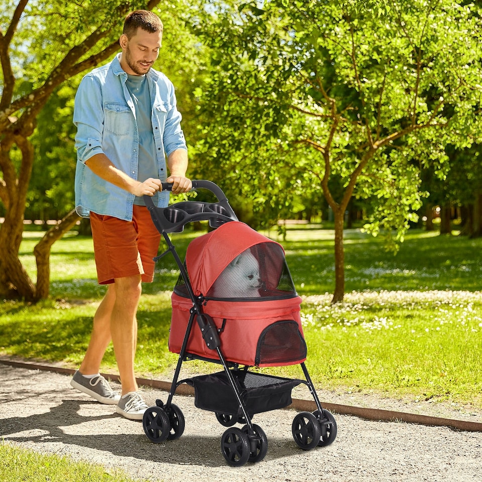 image 1 of PawHut Pet Stroller Foldable Travel Carriage w/ Brake Basket Canopy, Red
