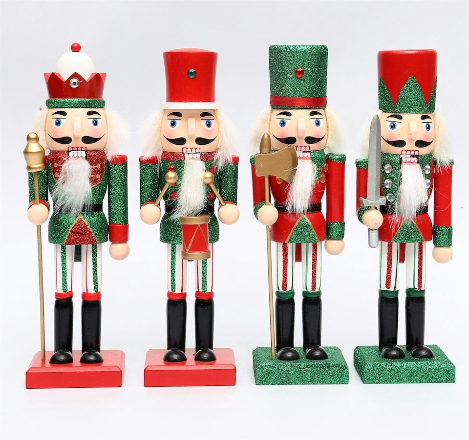 image 1 of 25cm Red Green Wooden Nutcrackers Soldiers King Drummer Christmas Ornament 4pcs Set