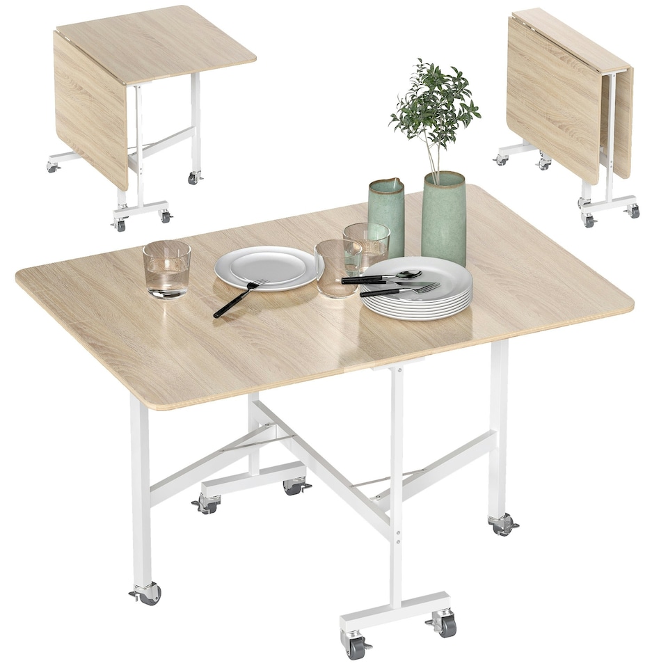 image 1 of HOMCOM Drop Leaf Table with 6 Wheels Folding Dining Table, Oak