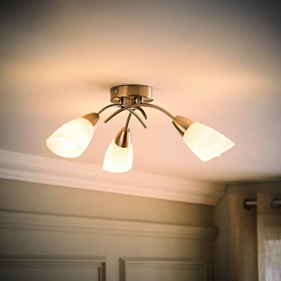 image 1 of ValueLights Barine Brushed Silver Semi-Flush Light and E14 Golfball LED 4W Warm White 3000K Bulb
