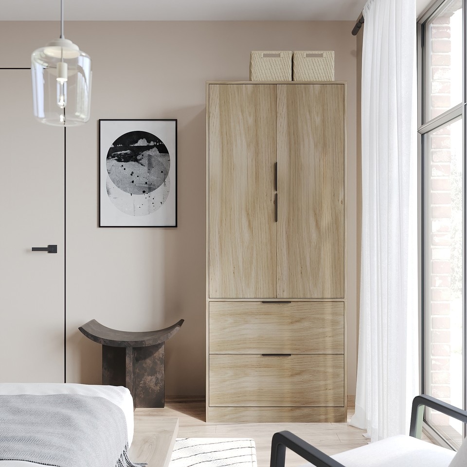 image 1 of FUJI 2 Door 2 Drawer Minimalist Bedroom Wardrobe Storage & Hanging Rail 180cm | Multi | Oak | 1