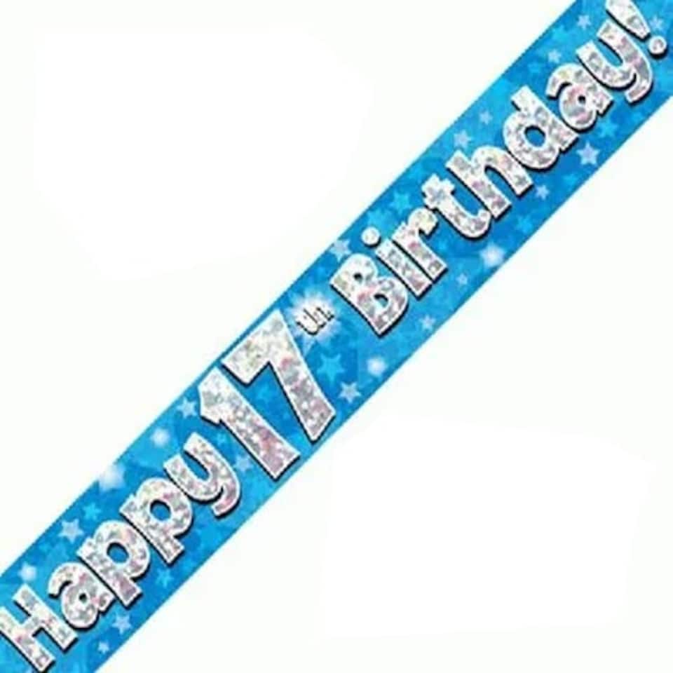 Blue Happy 17th Birthday Holographic Foil Banner 274cm