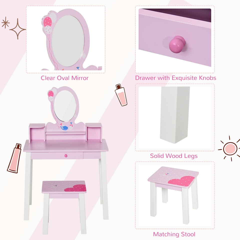 image 1 of HOMCOM Kids Dressing Table and Stool Set Make Up Desk with Storage (Pink) Pink